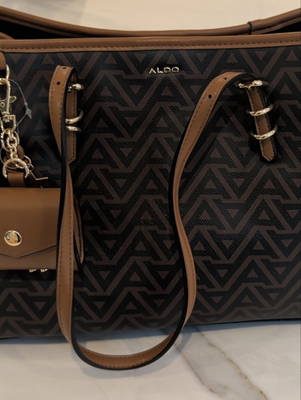 ALDO Brown and Tan Geometric Logo Tote